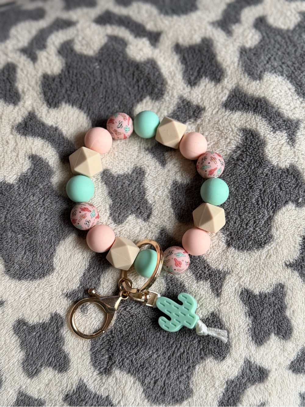 Mint & Pink Beaded Key Ring Wristlet with Cactus Charm